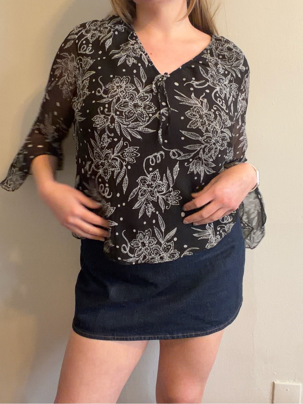 Silk floral boho blouse with sheer flowy sleeves and sequin accents